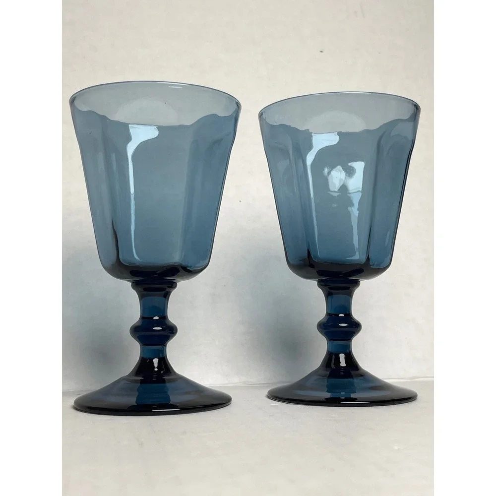 Vintage Lenox Glass Water Goblets Paneled Stemware Set/2 Smoke Blue Made in USA